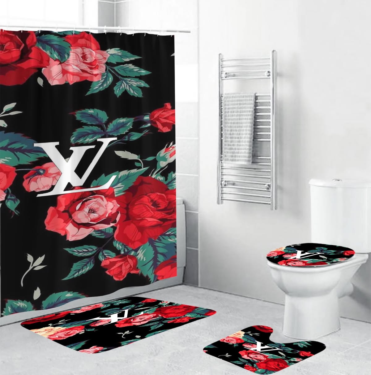 Louis Vuitton Logo In Floral Background Shower Curtain Set Louis Vuitton Logo In Floral Background Shower Curtain Set