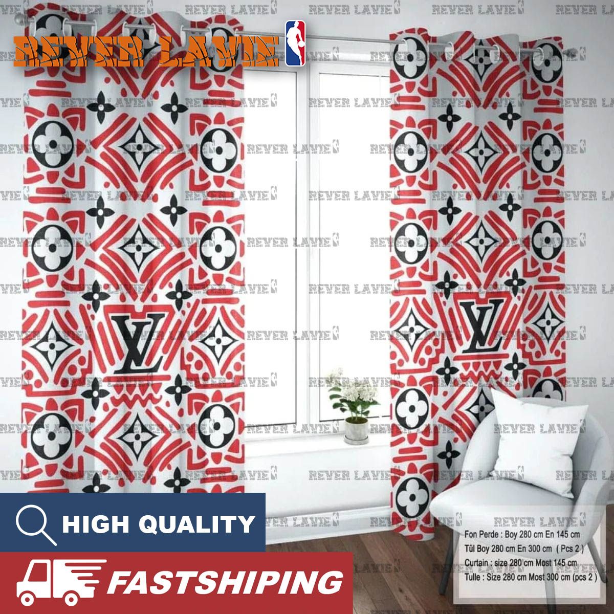 Louis Vuitton Luxury Monogram With Red Doodle In White Background Window Curtain Louis Vuitton Luxury Monogram With Red Doodle In White Background Window Curtain