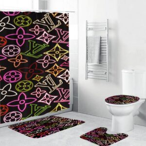 Louis Vuitton Neon Monogram In Black Background Shower Curtain Set