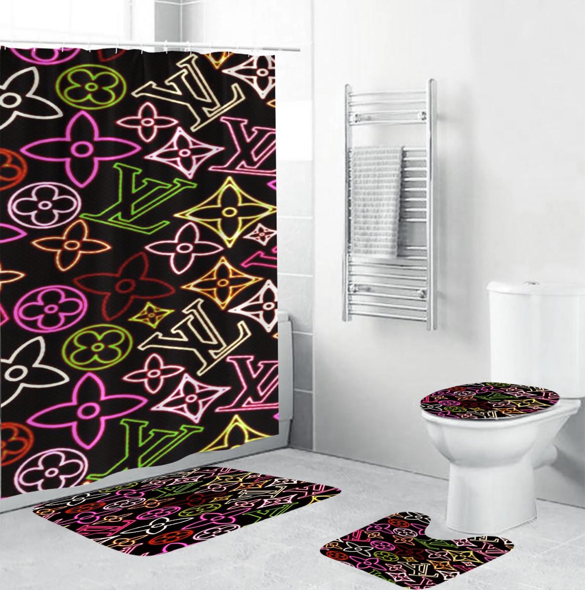 Louis Vuitton Neon Monogram In Black Background Shower Curtain Set Louis Vuitton Neon Monogram In Black Background Shower Curtain Set