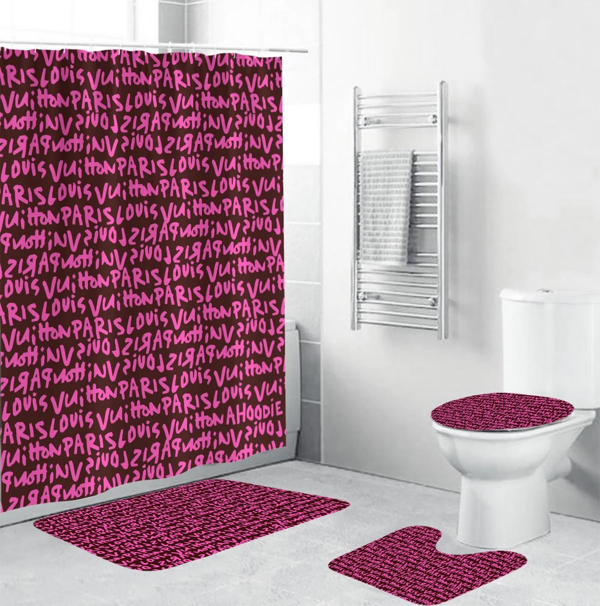 Louis Vuitton Neon Pink Markers Pattern Bathroom Set With Shower Curtain Louis Vuitton Neon Pink Markers Pattern Bathroom Set With Shower Curtain