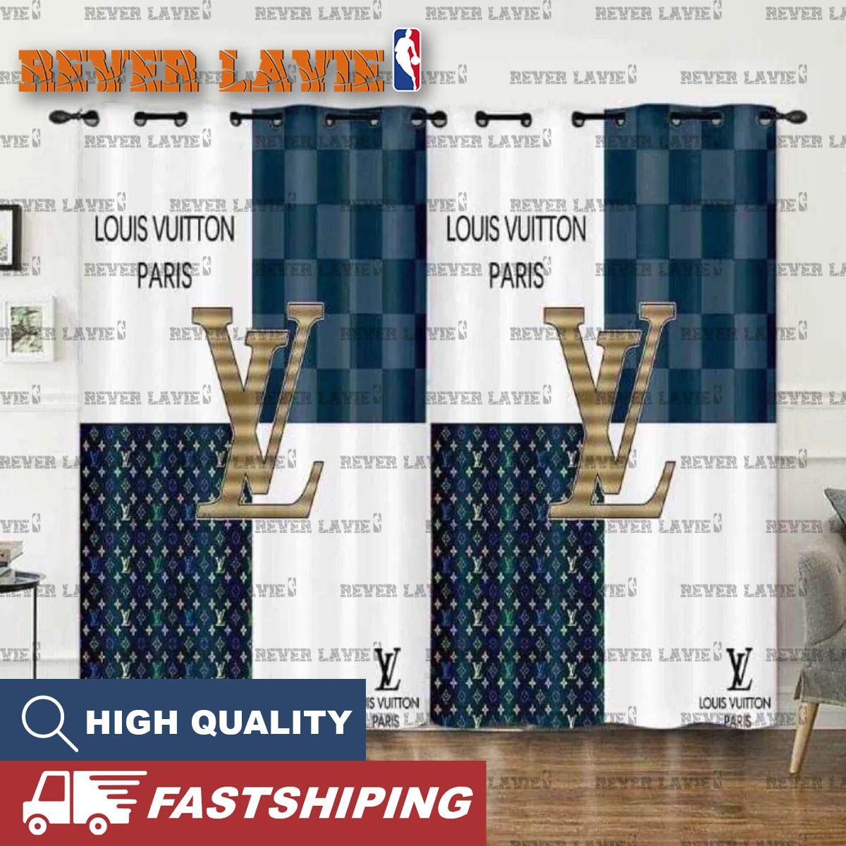 Louis Vuitton Paris Big Golden Logo With Four Signature Pattern Fancy Window Curtain Louis Vuitton Paris Big Golden Logo With Four Signature Pattern Fancy Window Curtain