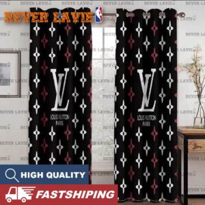 Louis Vuitton Paris Big Logo With White And Maroon Monogram In Black Background Window Curtai…