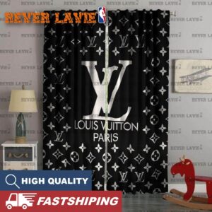 Louis Vuitton Paris Big Logo With White Monogram In Black Background Window Curtain