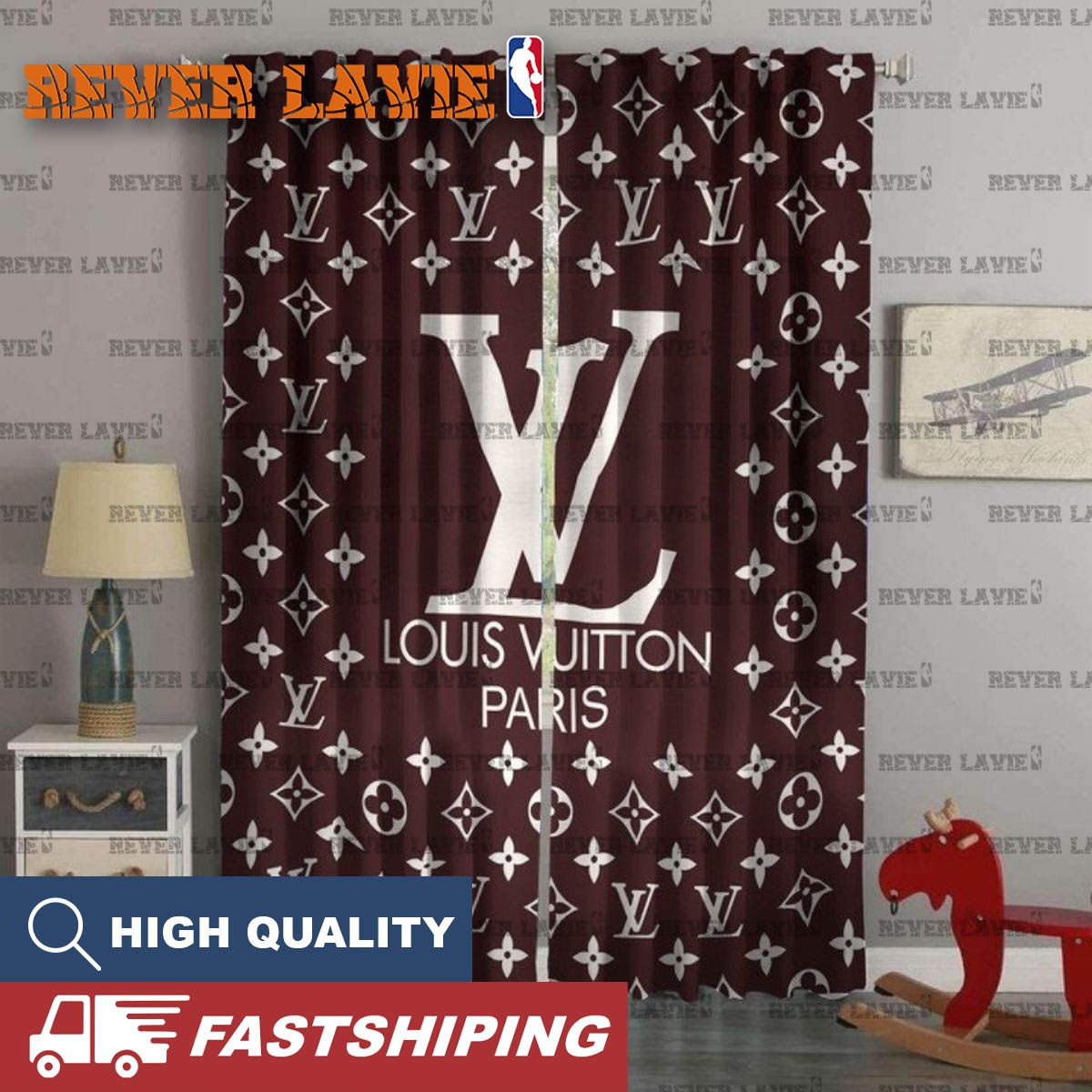 Louis Vuitton Paris Big Logo With White Monogram In Maroon Background Window Curtain Louis Vuitton Paris Big Logo With White Monogram In Maroon Background Window Curtain
