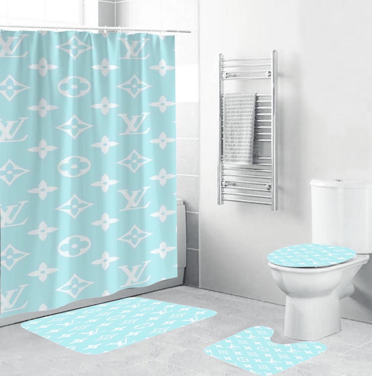 Louis Vuitton White Monogram In Mint Background Shower Curtain Set Louis Vuitton White Monogram In Mint Background Shower Curtain Set