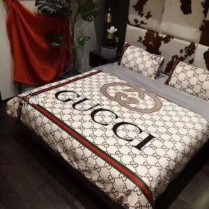 Luxury Gucci Big Logo In Monogram Background With Vintage Web Bedding Set