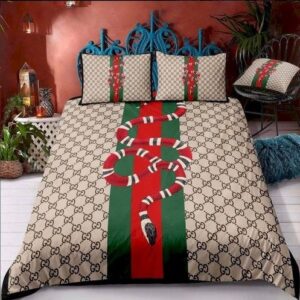 Luxury Gucci Snake In Monogram Background With Vintage Web Bedding Set