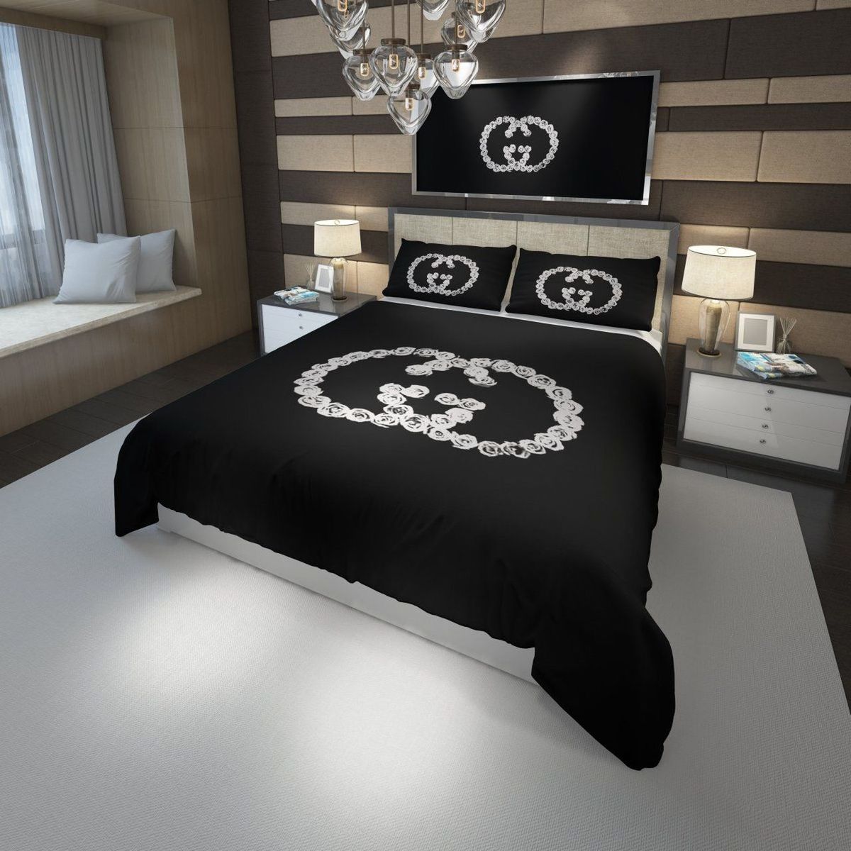 Luxury Gucci White Flower Logo In Black Background Bedding Set Luxury Gucci White Flower Logo In Black Background Bedding Set