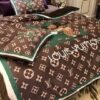 Luxury Louis Vuitton Green Logo In Brown Background Bedding Set