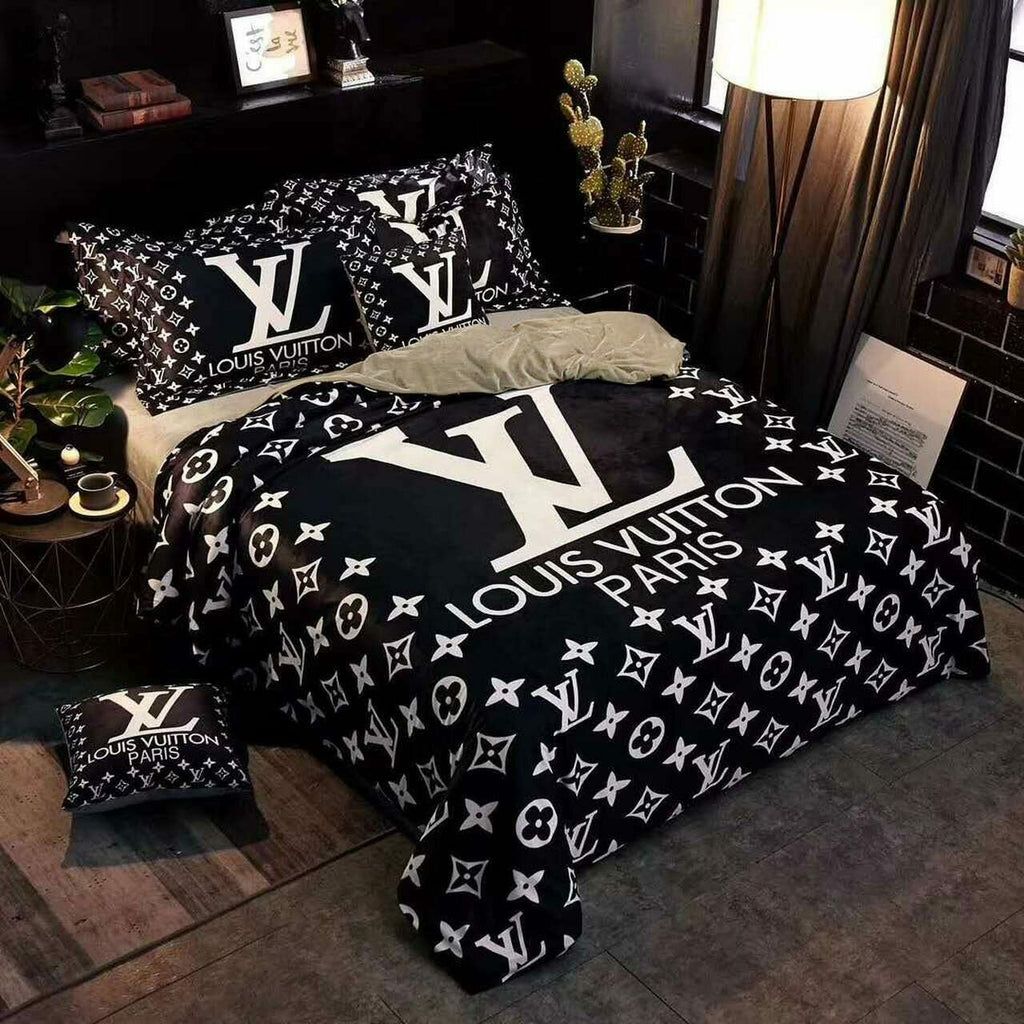 Luxury Louis Vuitton Paris Logo in Black Background Bedding Set Luxury Louis Vuitton Paris Logo in Black Background Bedding Set