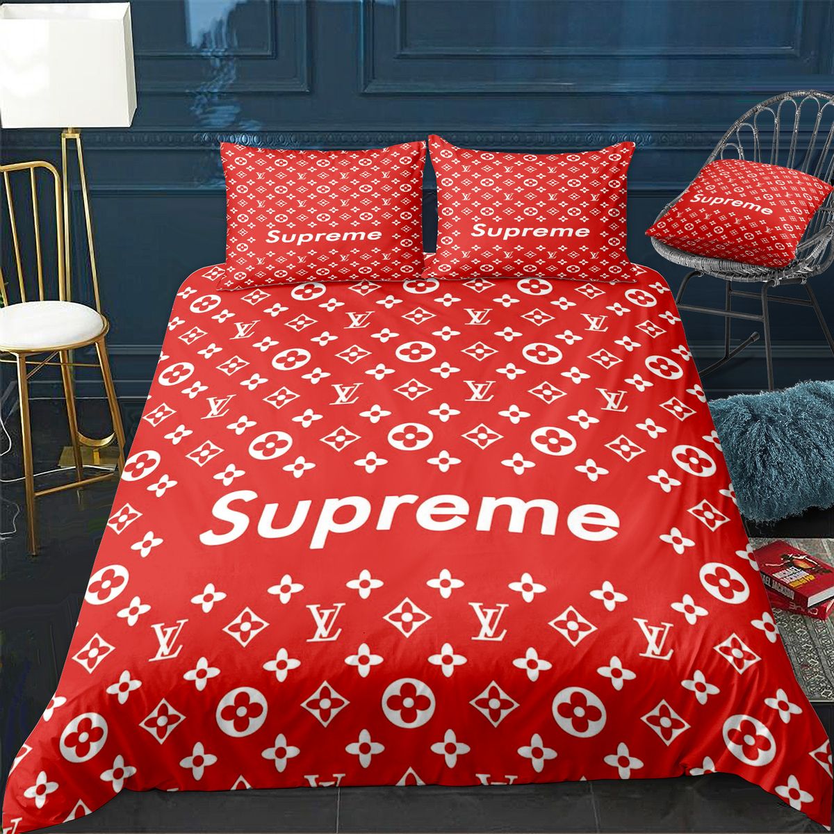 Luxury Louis Vuitton x Supreme Red Monogram Print Bedding Set Luxury Louis Vuitton x Supreme Red Monogram Print Bedding Set