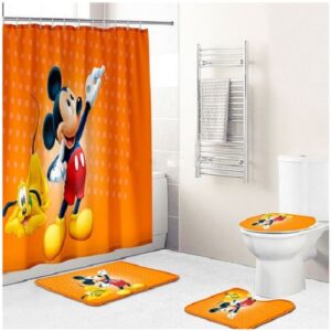 Mickey Mouse And Pluto In Orange Background Bathroom Shower Curtain Set