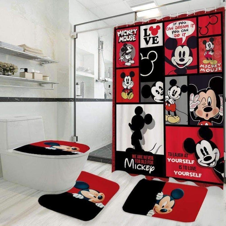 Mickey Mouse Scenes In Red Bathroom Accessory Set Mickey Mouse Scenes In Red Bathroom Accessory Set