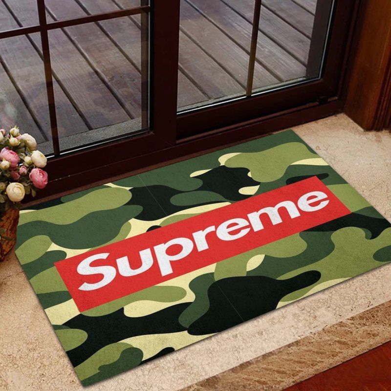 Supreme Logo On Camouflage Backgound Doormat Supreme Logo On Camouflage Backgound Doormat