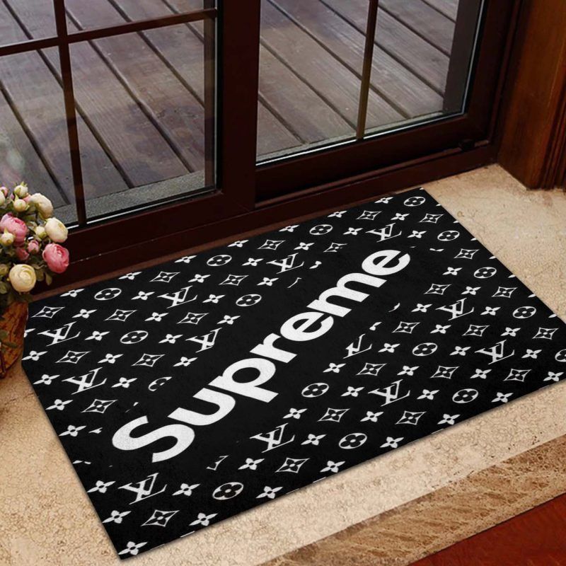 Supreme x Louis Vuitton With White Monogram In Black Background Doormat Supreme x Louis Vuitton With White Monogram In Black Background Doormat