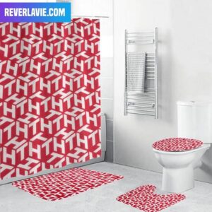 Tommy Hilfiger Brand New Logo Pattern In Red And White Bathroom Set