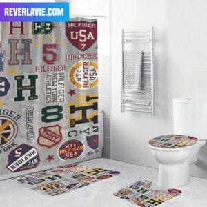 Tommy Hilfiger Logos History In Grey Background Bathroom Set