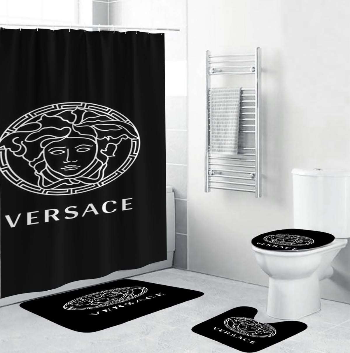 Versace Basic Big White Logo In Black Bathroom Accessories Set Versace Basic Big White Logo In Black Bathroom Accessories Set