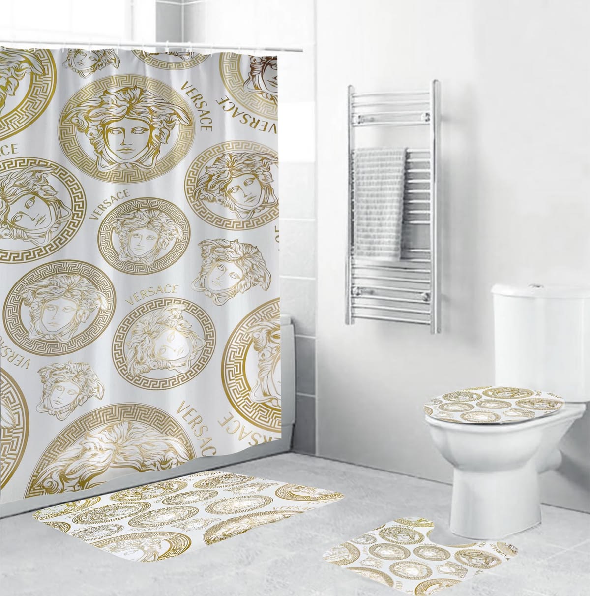 Versace Beige Logo Pattern In White Bathroom Accessories Set Versace Beige Logo Pattern In White Bathroom Accessories Set