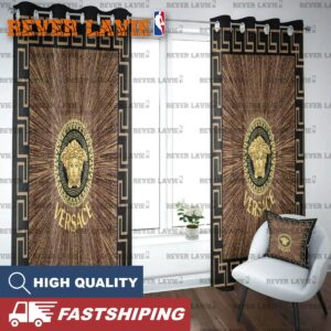 Versace Big Golden Logo In Luxury Brown Backgroud With Greca Pattern Window Curtain