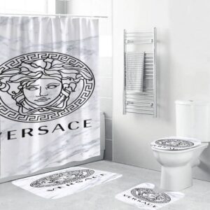 Versace Big Logo In Marble Background Bathroom Shower Curtain Set