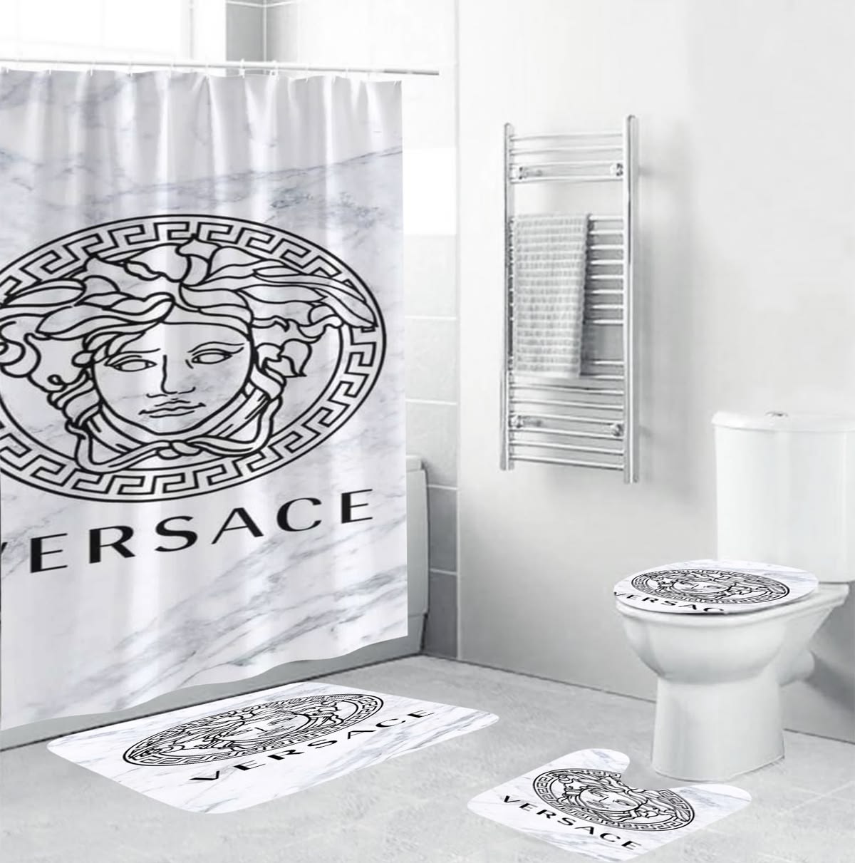 Versace Big Logo In Marble Background Bathroom Shower Curtain Set Versace Big Logo In Marble Background Bathroom Shower Curtain Set