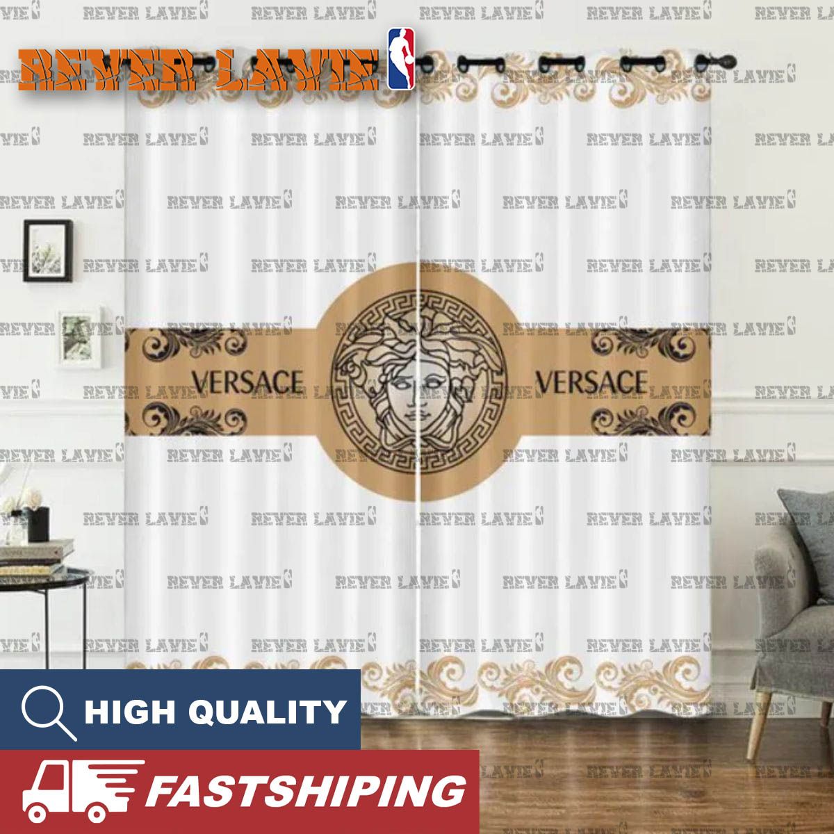 Versace Big Logo With Brown Frame In White Background Window Curtain Versace Big Logo With Brown Frame In White Background Window Curtain