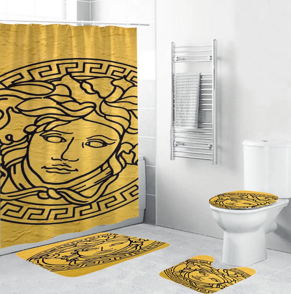Versace Big Medusa Logo In Golden Background Bathroom Shower Curtain Set Versace Big Medusa Logo In Golden Background Bathroom Shower Curtain Set