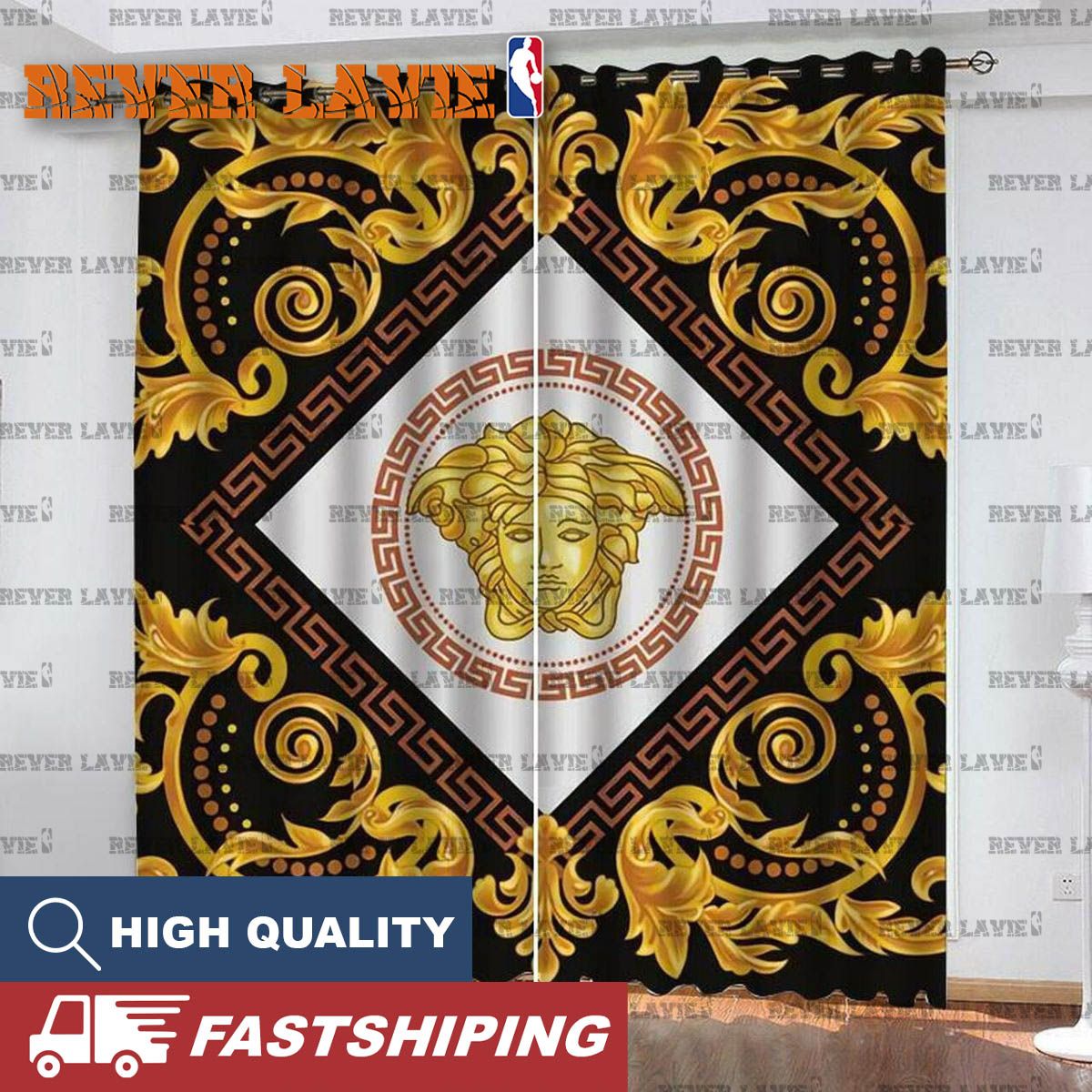 Versace Gold Logo With Flame In Luxury Pattern Window Curtain Versace Gold Logo With Flame In Luxury Pattern Window Curtain