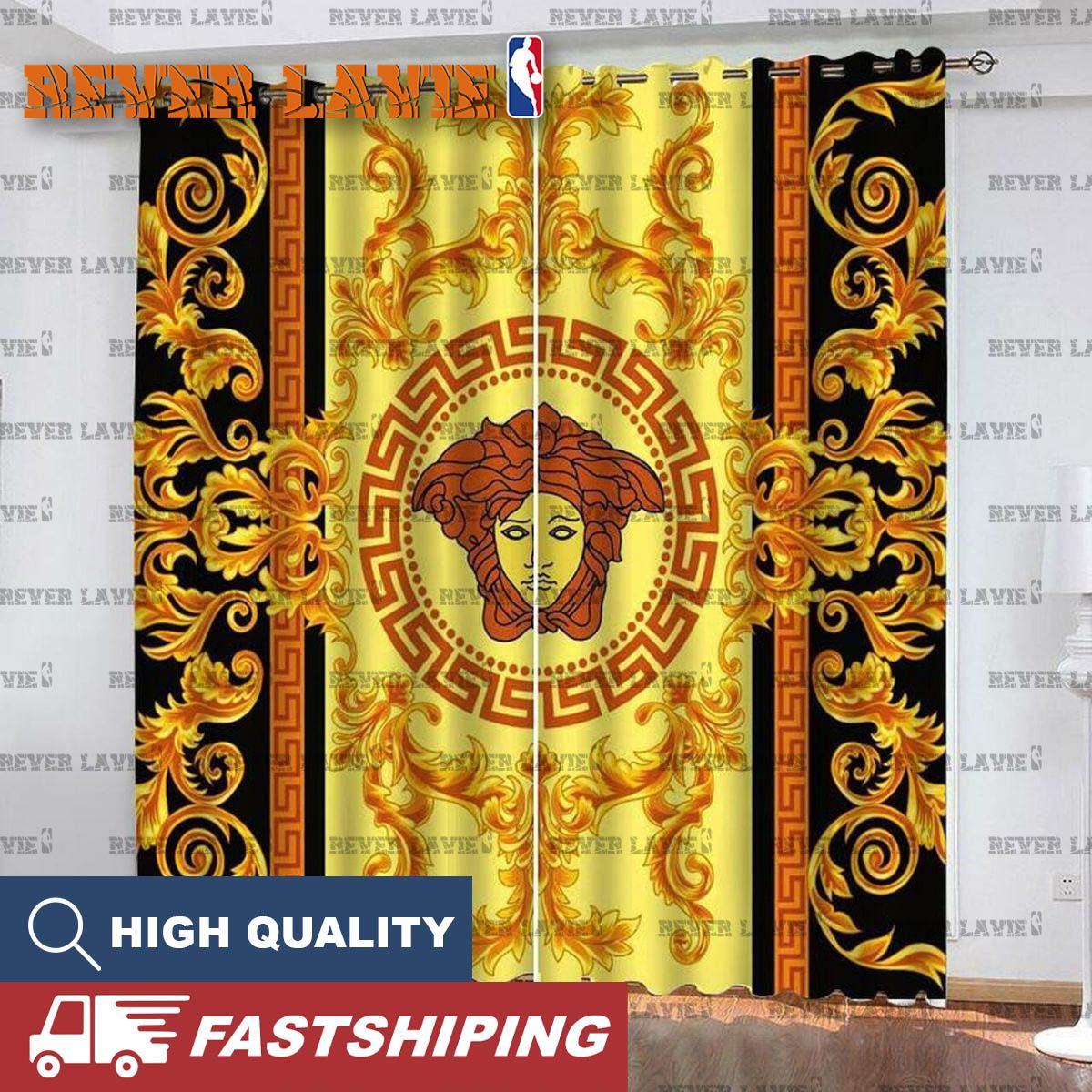 Versace Gold Logo With Flame Window Curtain Versace Gold Logo With Flame Window Curtain