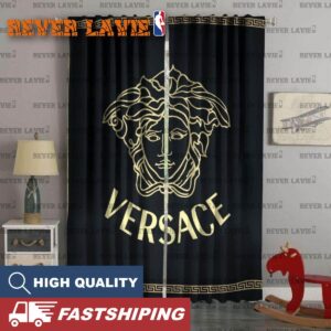 Versace Golden Big Logo With Signature Greca Pattern In Mistic Black Background Window Curtai…