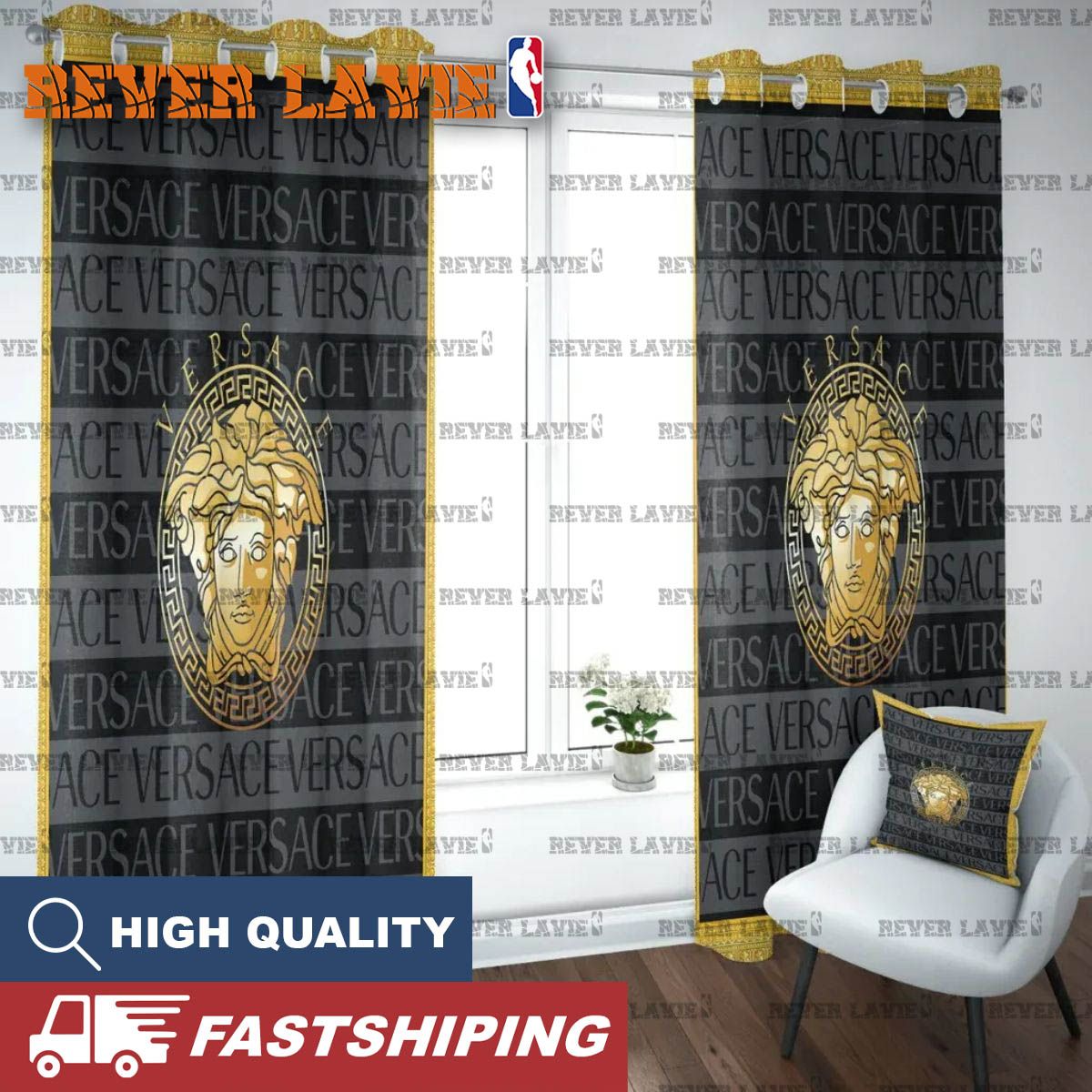 Versace Golden Logo In Grey Stripe Logo Pattern Window Curtain Versace Golden Logo In Grey Stripe Logo Pattern Window Curtain