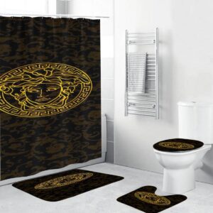 Versace Golden Logo In Imprinted Baroque Background Bathroom Shower Curtain Set