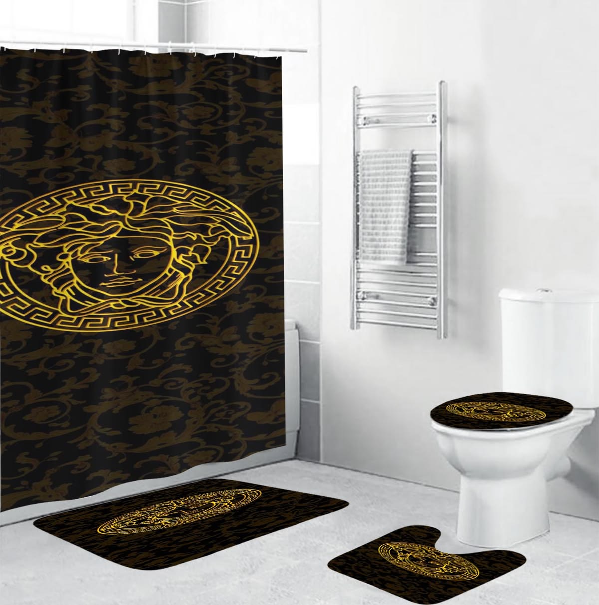 Versace Golden Logo In Imprinted Baroque Background Bathroom Shower Curtain Set Versace Golden Logo In Imprinted Baroque Background Bathroom Shower Curtain Set
