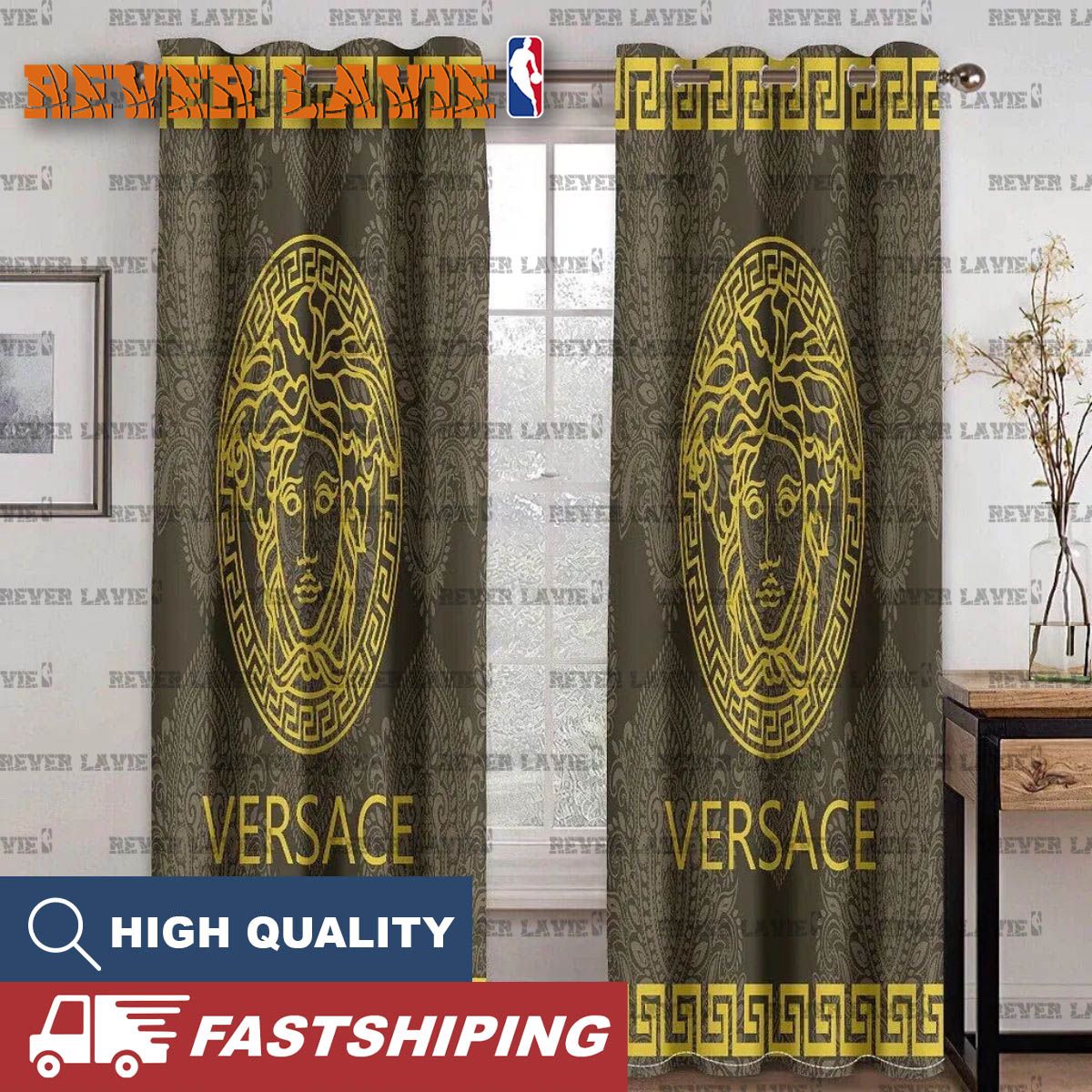 Versace Golden Logo With Signature Greca Pattern In Brown Background Window Curtain Versace Golden Logo With Signature Greca Pattern In Brown Background Window Curtain