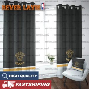 Versace Golden Medusa Logo In Grey And White Background Window Curtain