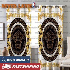 Versace High Fashion Logo In The Circle With Signature Flame In White Background Window Curta…