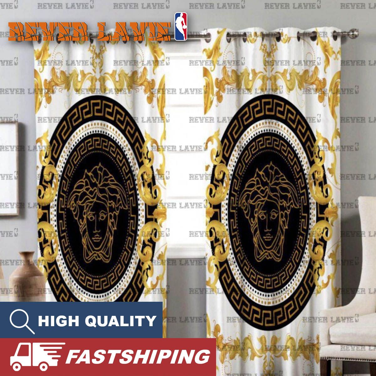 Versace High Fashion Logo In The Circle With Signature Flame In White Background Window Curta... Versace High Fashion Logo In The Circle With Signature Flame In White Background Window Curta...