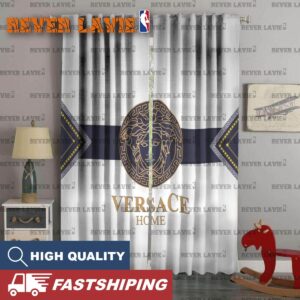 Versace Home Logo With Navy Title In White Background Window Curtain