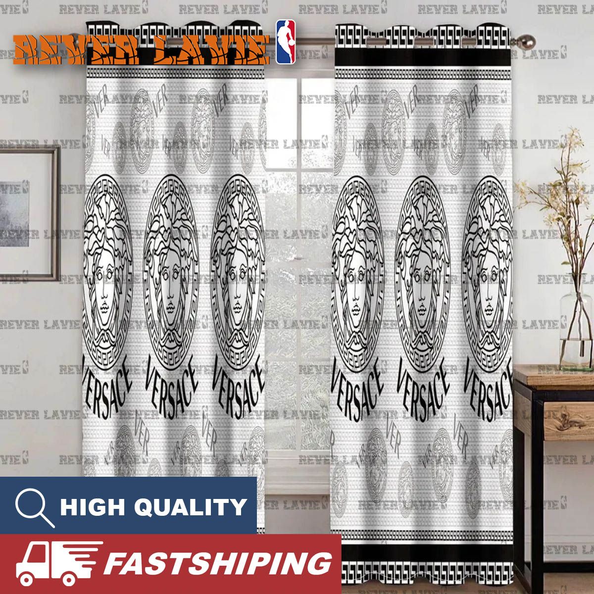 Versace Signature Black Medusa Logo With Logo Pattern In White Background Window Curtain Versace Signature Black Medusa Logo With Logo Pattern In White Background Window Curtain