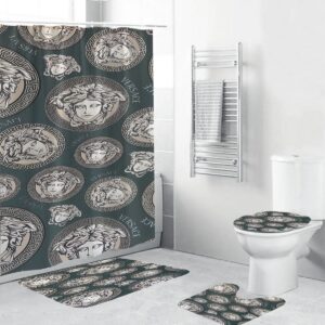 Versace Silver Logo Pattern In Blue Grey Background Bathroom Shower Curtain Set