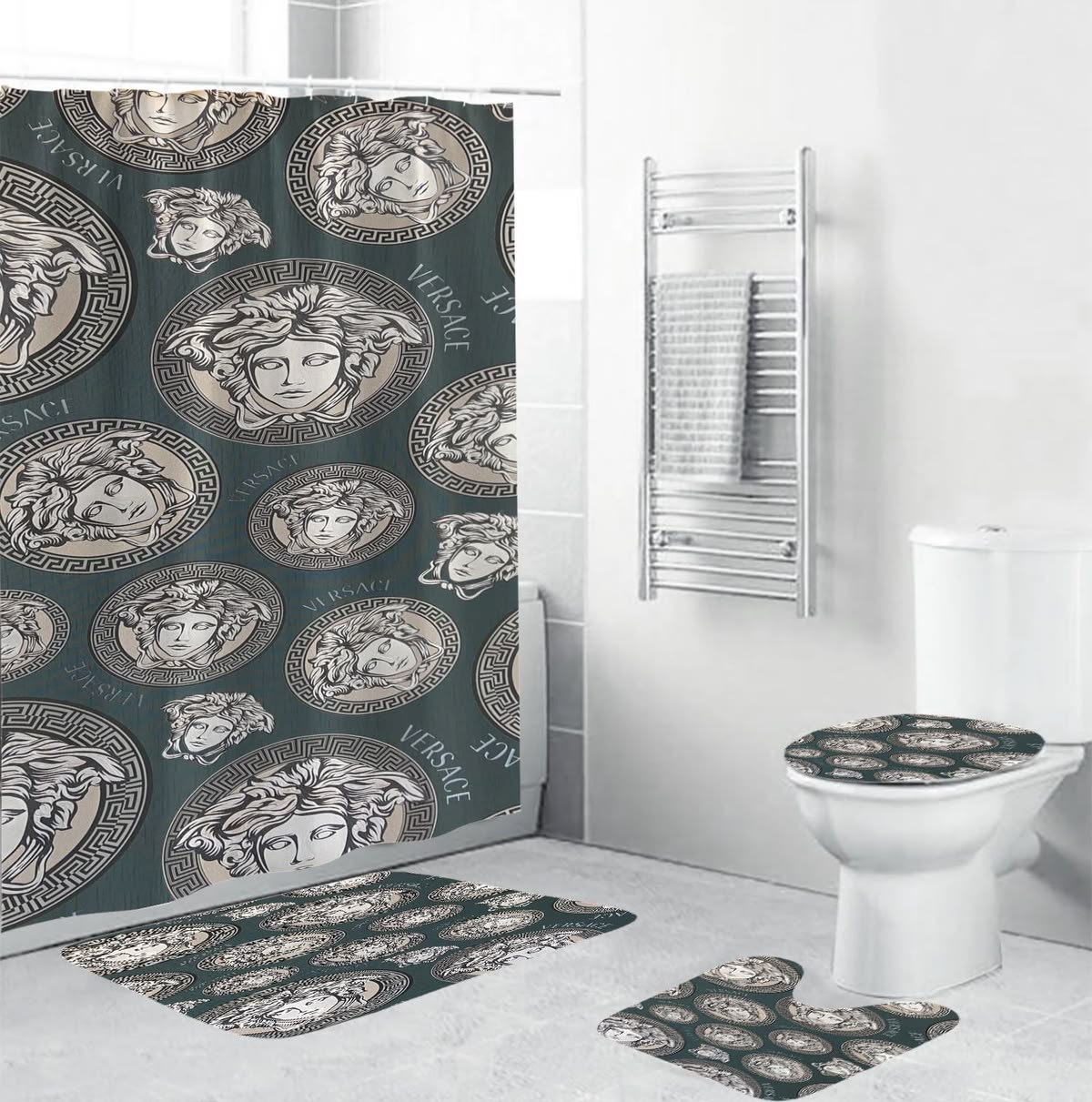 Versace Silver Logo Pattern In Blue Grey Background Bathroom Shower Curtain Set Versace Silver Logo Pattern In Blue Grey Background Bathroom Shower Curtain Set