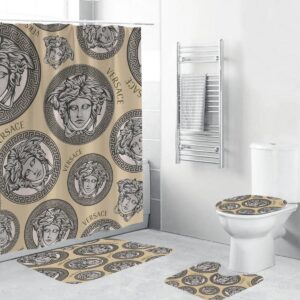 Versace Silver Logo Pattern In Sand Background Bathroom Shower Curtain Set