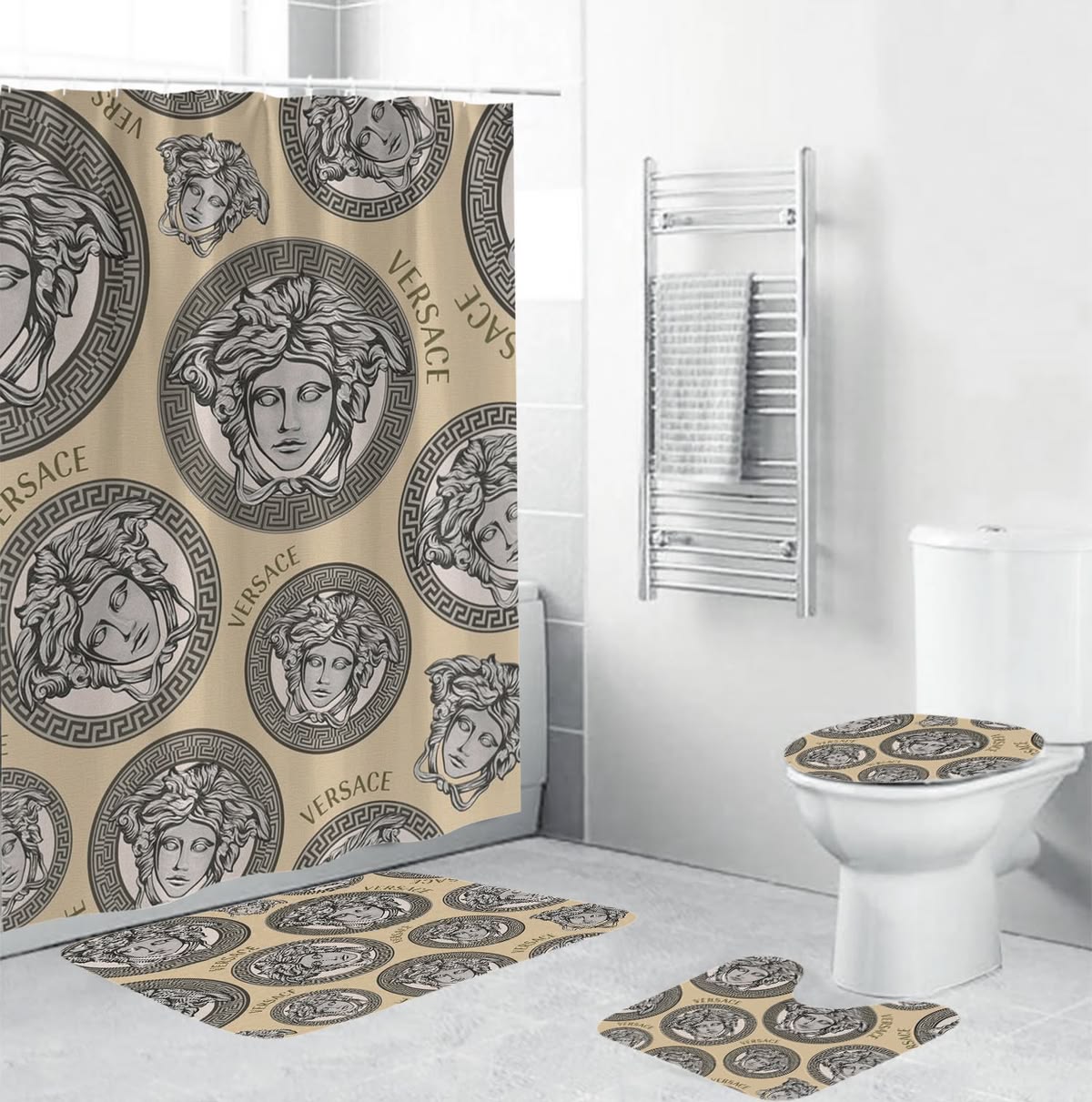 Versace Silver Logo Pattern In Sand Background Bathroom Shower Curtain Set Versace Silver Logo Pattern In Sand Background Bathroom Shower Curtain Set