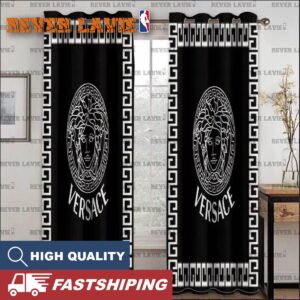 Versace White Logo With Signature Greca Pattern In Mistic Black Background Window Curtain
