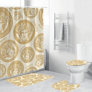 Versace Yellow Logo Pattern In Beige Background Bathroom Shower Curtain Set