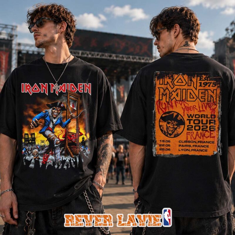 Iron Maiden France Event Merch For Clisson Paris Lyon France On June 19 22 And 28 2026 Run For Your Lives World Tour Guillotine Eddie Two Sided Tee