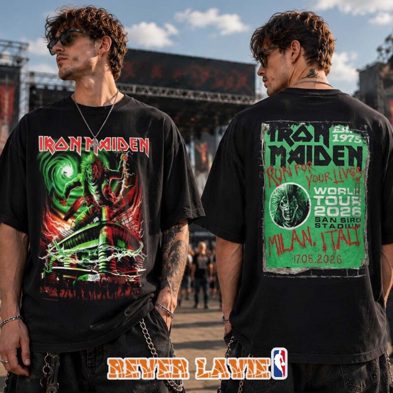 Iron Maiden Italy 2026 Event Merch Tee For Milan Italy At San Siro Stadium on June 17 2026 Run For Your Lives World Tour Two Sided Tee