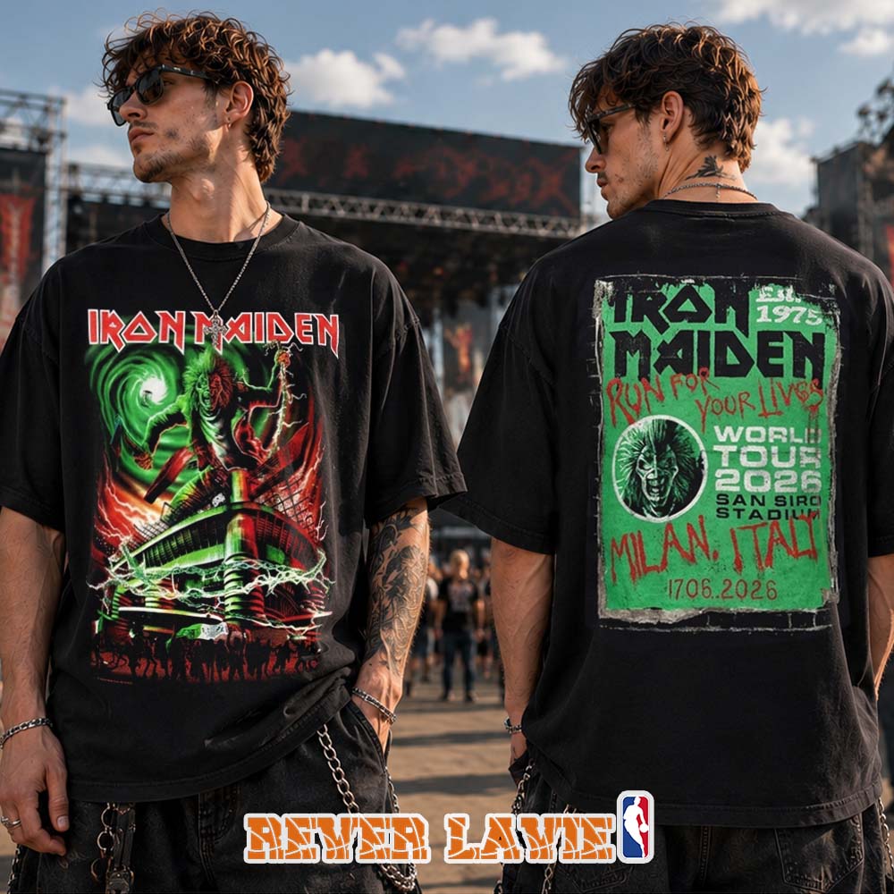 Iron Maiden Italy 2026 Event Merch Tee For Milan Italy At San Siro Stadium on June 17 2026 Run For Your Lives World Tour Two Sided Tee Iron Maiden Italy 2026 Event Merch Tee For Milan Italy At San Siro Stadium on June 17 2026 Run For Your Lives World Tour Two Sided Tee